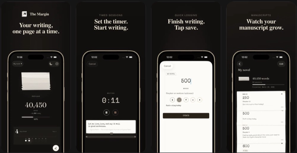 The Margin App Store screens: word count, timed sessions, quick logging, manuscripts